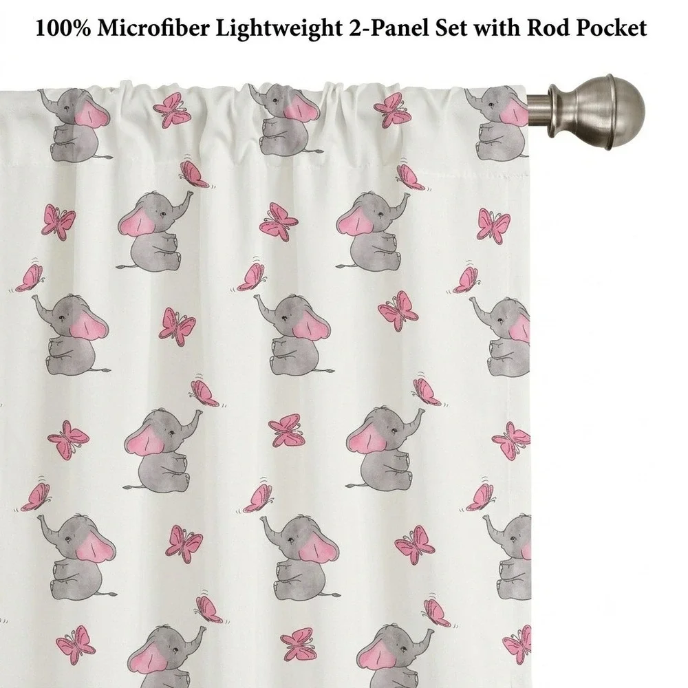 Ambesonne Elephant Nursery Curtains 2 Panel Set 56x95 Pink Butterfly Microfiber - Picture 1 of 7